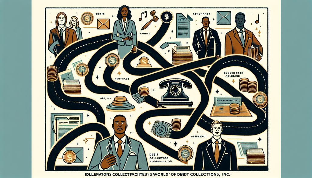 Illustration depicting the debt recovery process. Features roads connecting icons of money, contracts, and communication tools. Business people in suits stand throughout the image, symbolizing different stages like negotiation and collection.